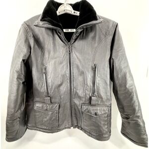 WILDA Genuine Leather Jacket Womens Medium Fur Collar Black Moto Biker Bomber